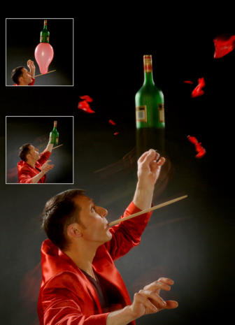 Balance mit Ballon und Flasche und Knalleffekt