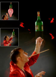Balance mit Ballon und Flasche ein Knalleffekt